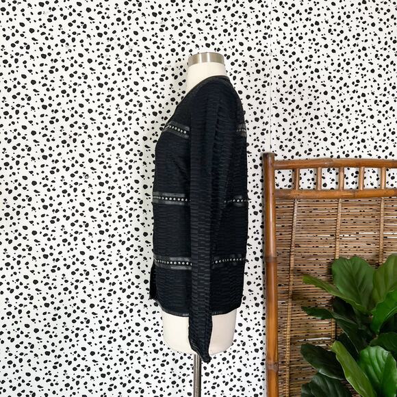 NEW Ming Wang | Black Knit Faux Leather Trim Stud Long Sleeve Cardigan Jacket XS - Picture 9 of 11